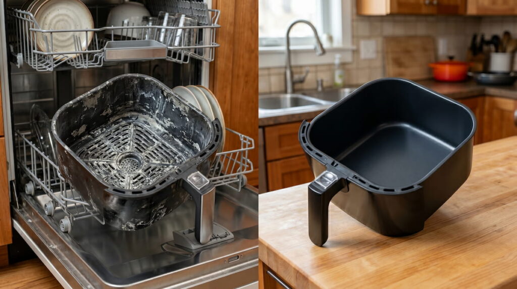 Air fryer basket exposed to dishwasher detergent