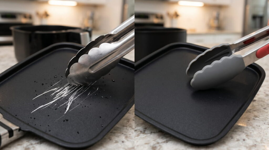 Metal utensils scratching an air fryer basket coating