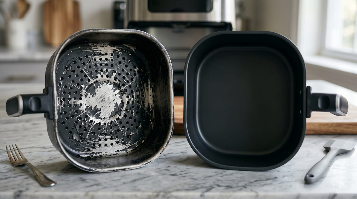 Comparison of metal and silicone utensils used in an air fryer basket