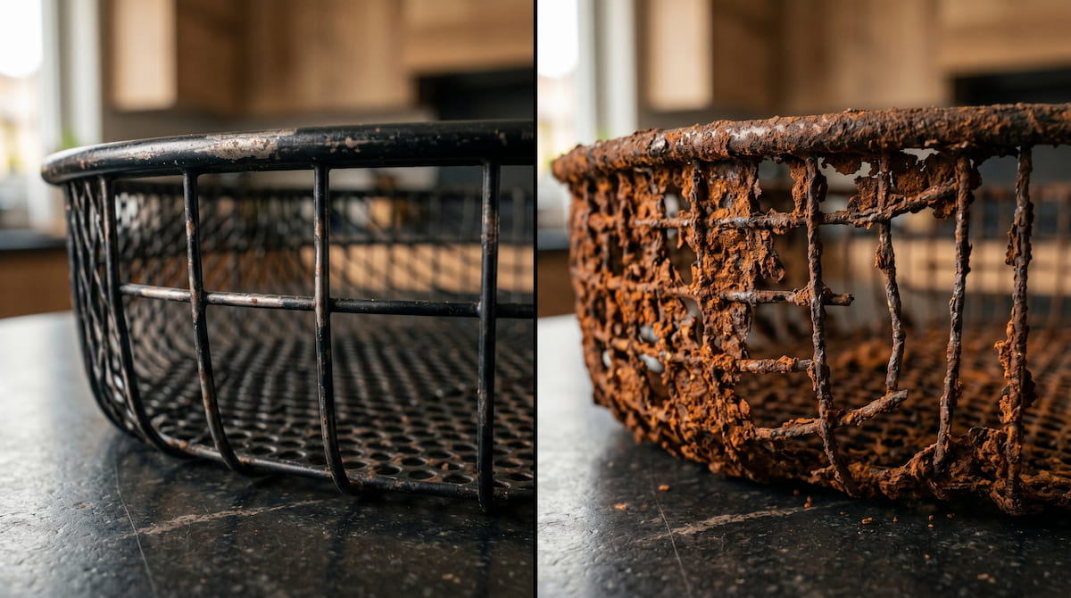Comparison of light and severe rust on an air fryer basket