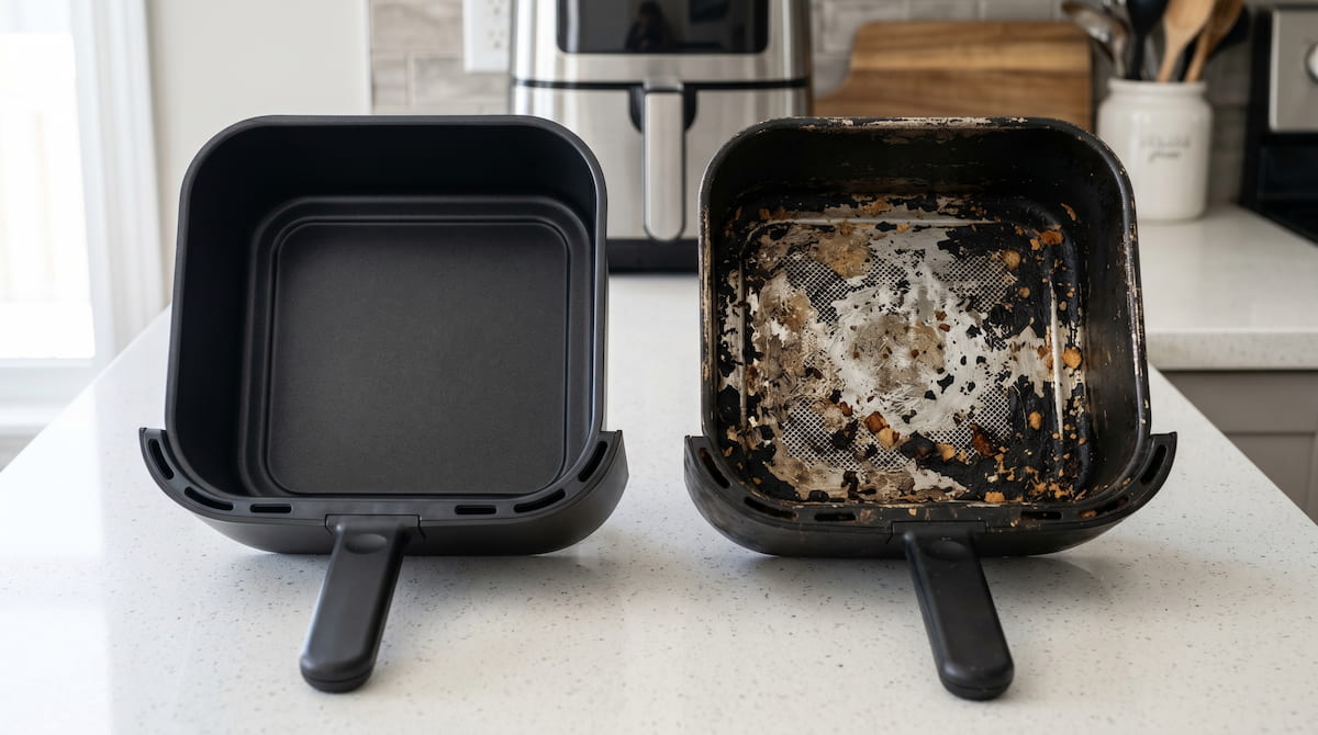 Comparison of healthy and worn nonstick air fryer basket surfaces